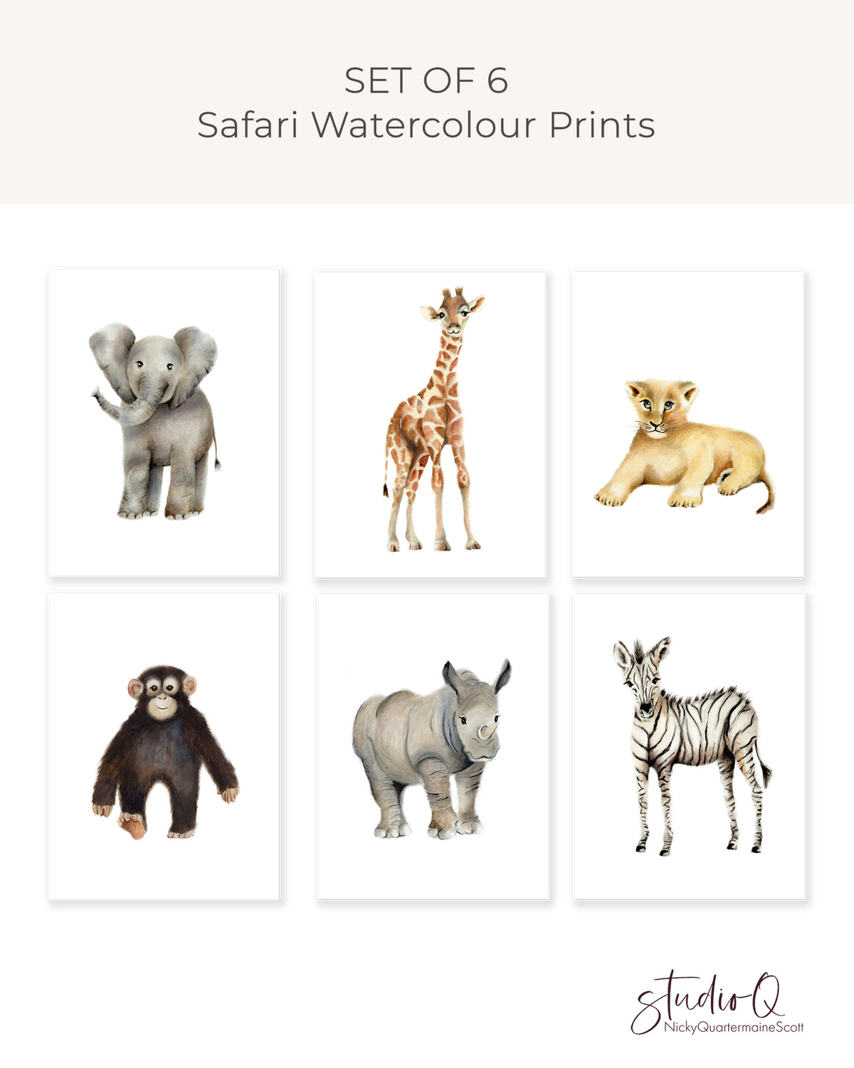 Safari Nursery Art Set of 6 Unframed Prints