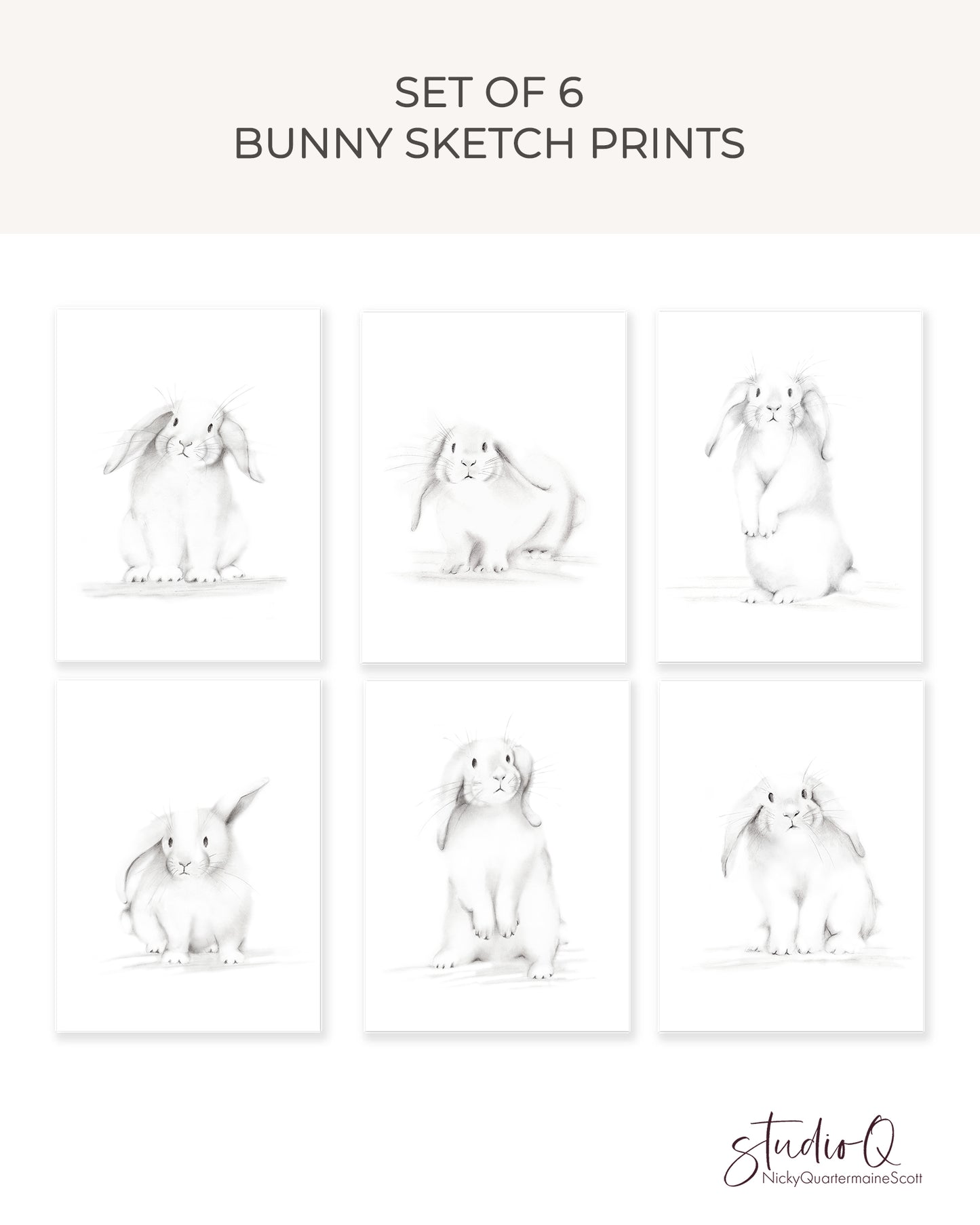 Bunnies Sketch Art Prints - Set of 6