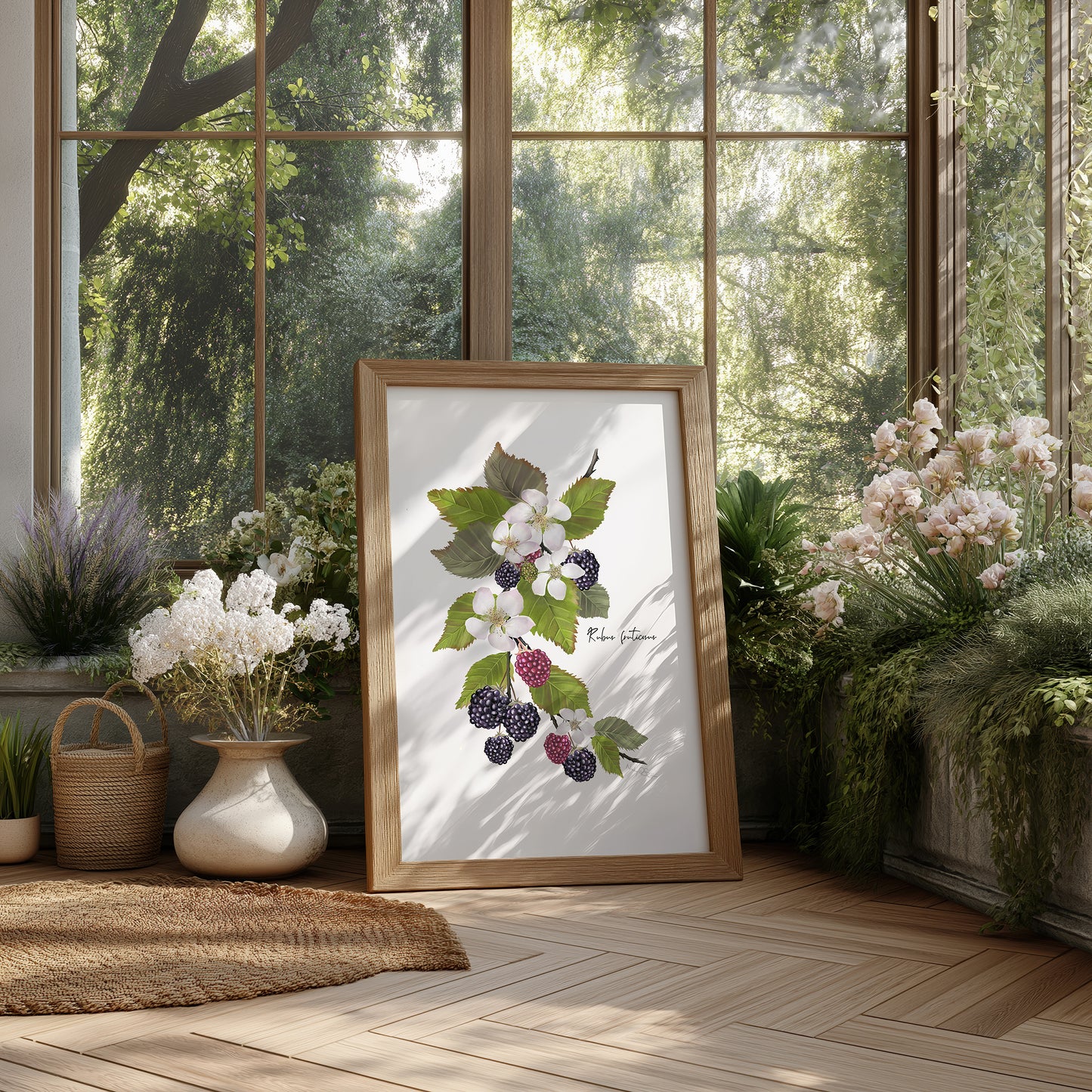 Framed blackberries and botanical art print on a wooden floor with plants and a large window in the background