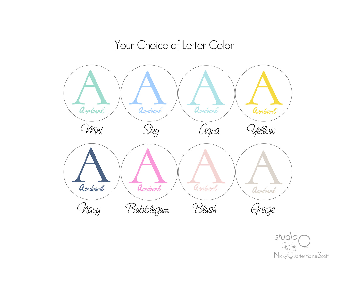 Animal Alphabet Print - Custom Letter Color - Studio Q - Art by Nicky Quartermaine Scott