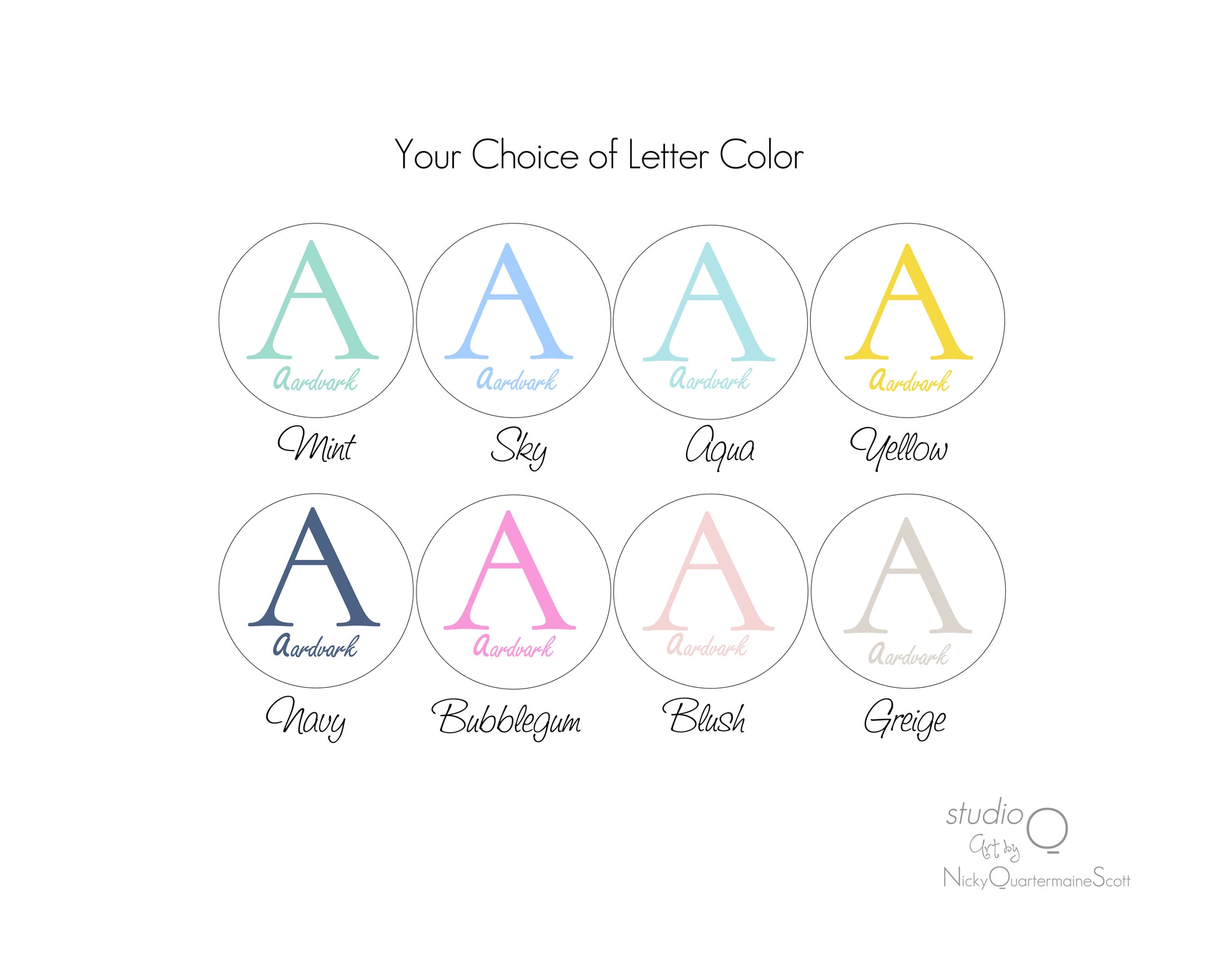 Animal Alphabet Print - Custom Letter Color - Studio Q - Art by Nicky Quartermaine Scott