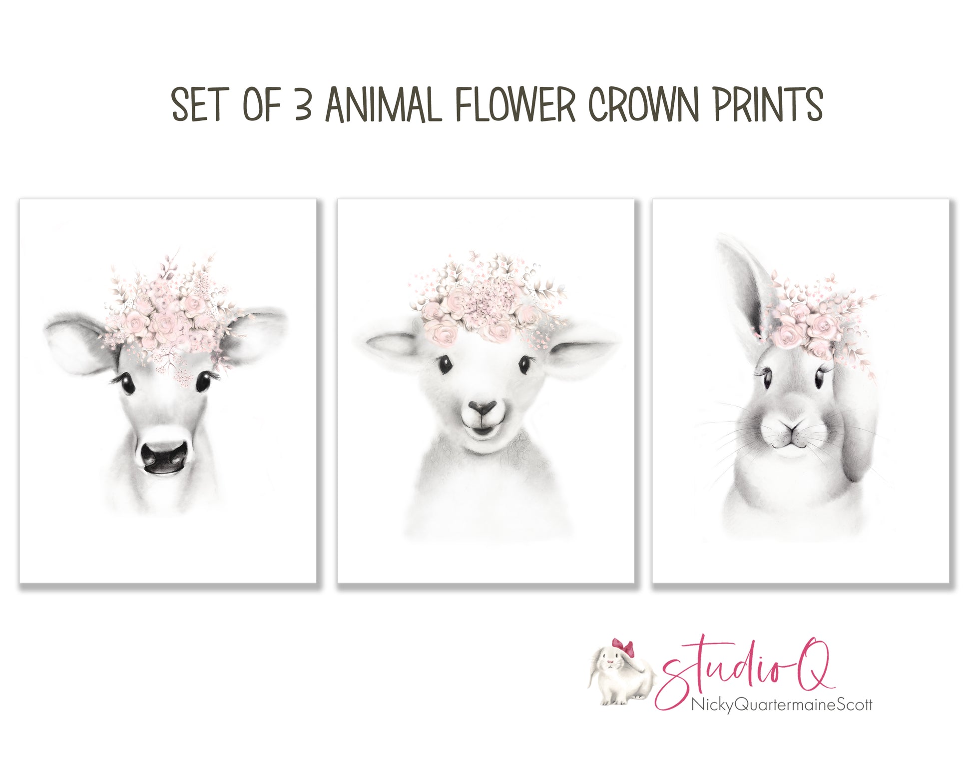 Baby Animal Flower Crown Prints - Set of 3 - Studio Q - Art by Nicky Quartermaine Scott