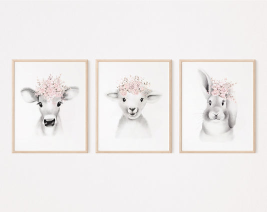 Baby Animal Flower Crown Prints - Set of 3 - Studio Q - Art by Nicky Quartermaine Scott