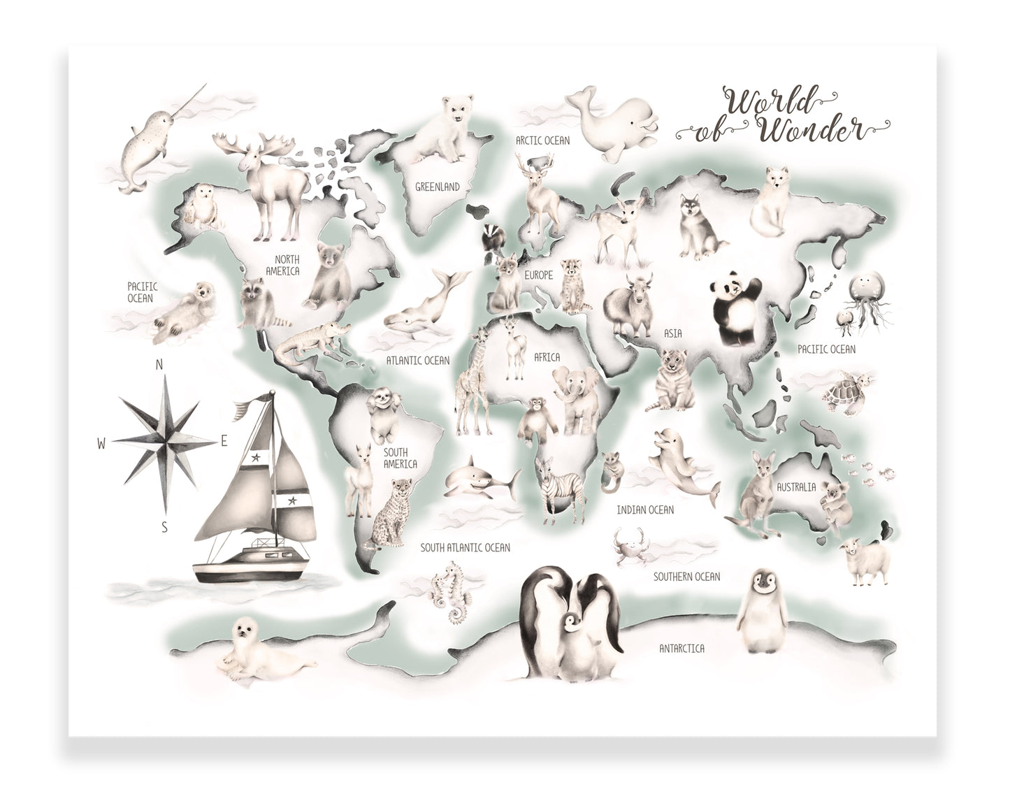 Green Animal World Map Print - Studio Q - Art by Nicky Quartermaine Scott