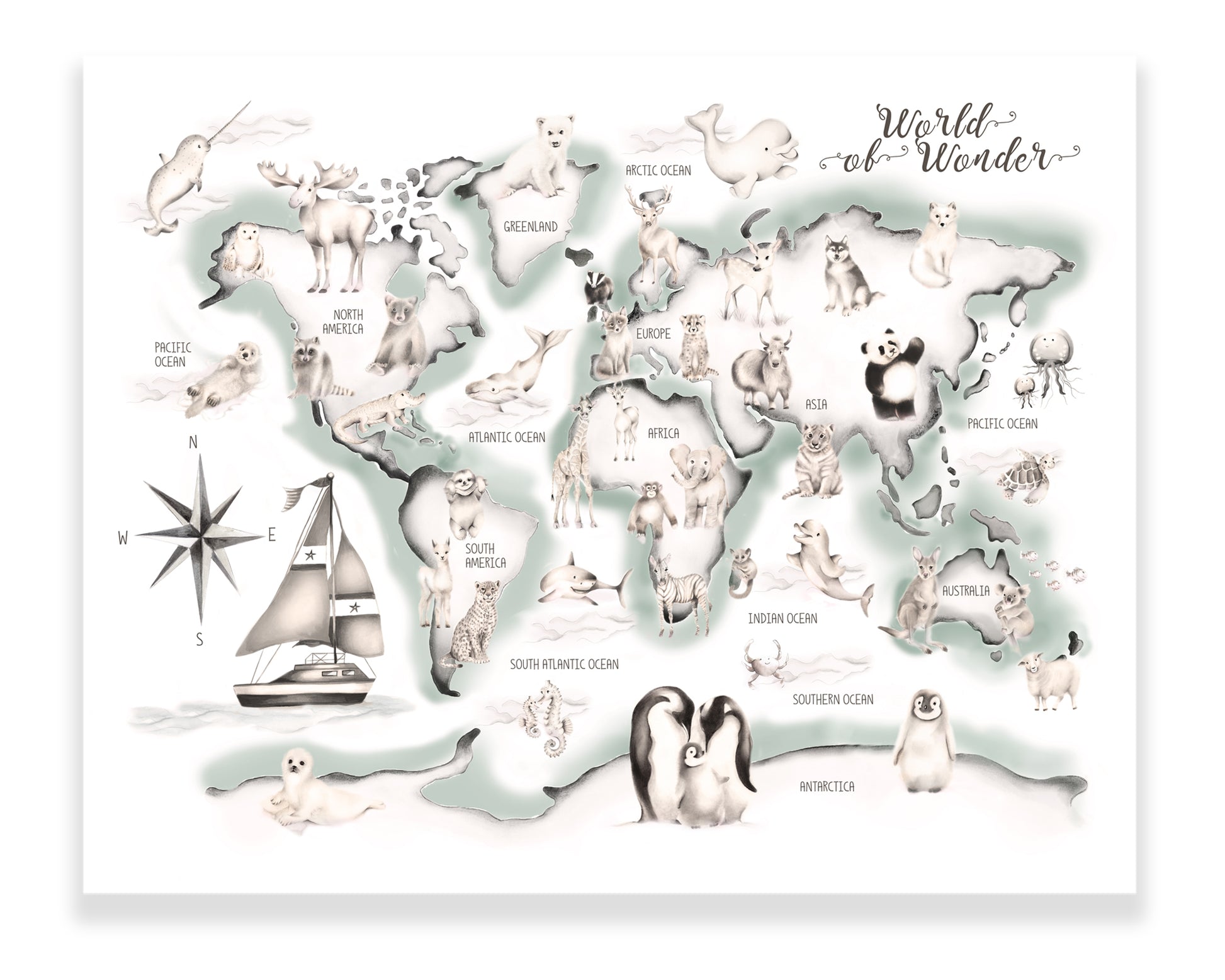 Green Animal World Map Print - Studio Q - Art by Nicky Quartermaine Scott