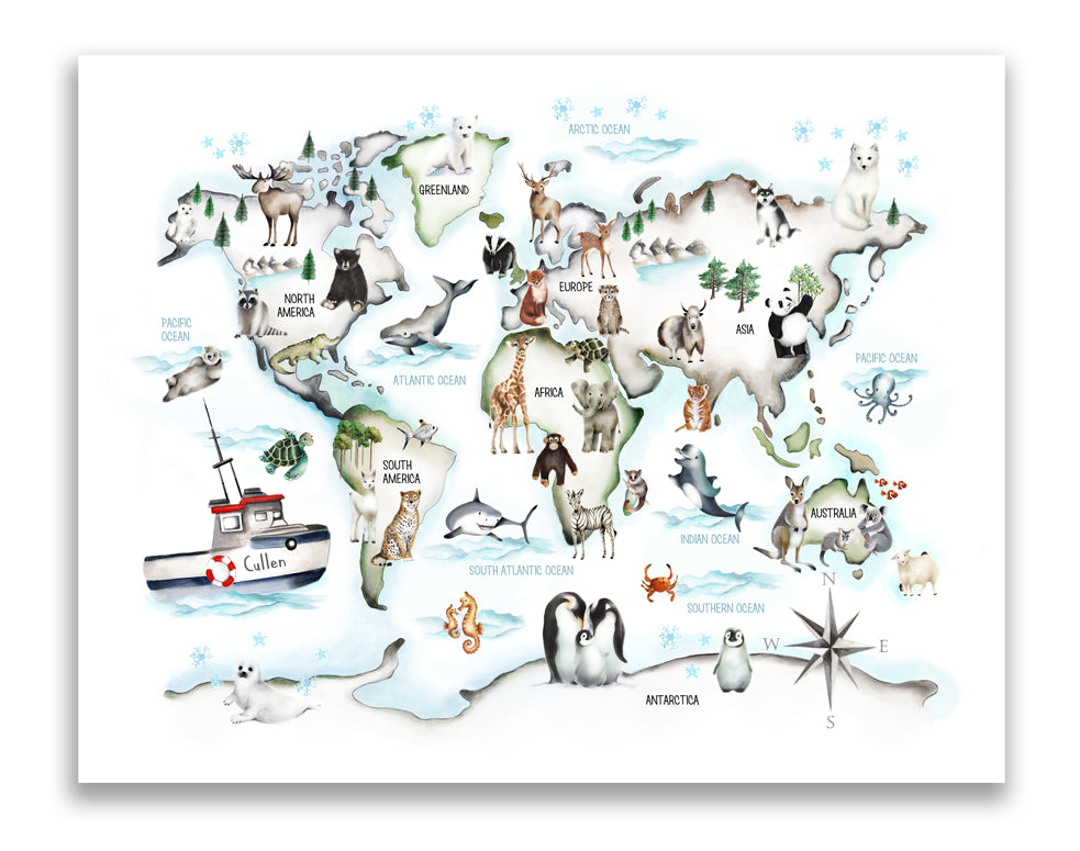 Animal World Map - Custom Name Print - Studio Q - Art by Nicky Quartermaine Scott