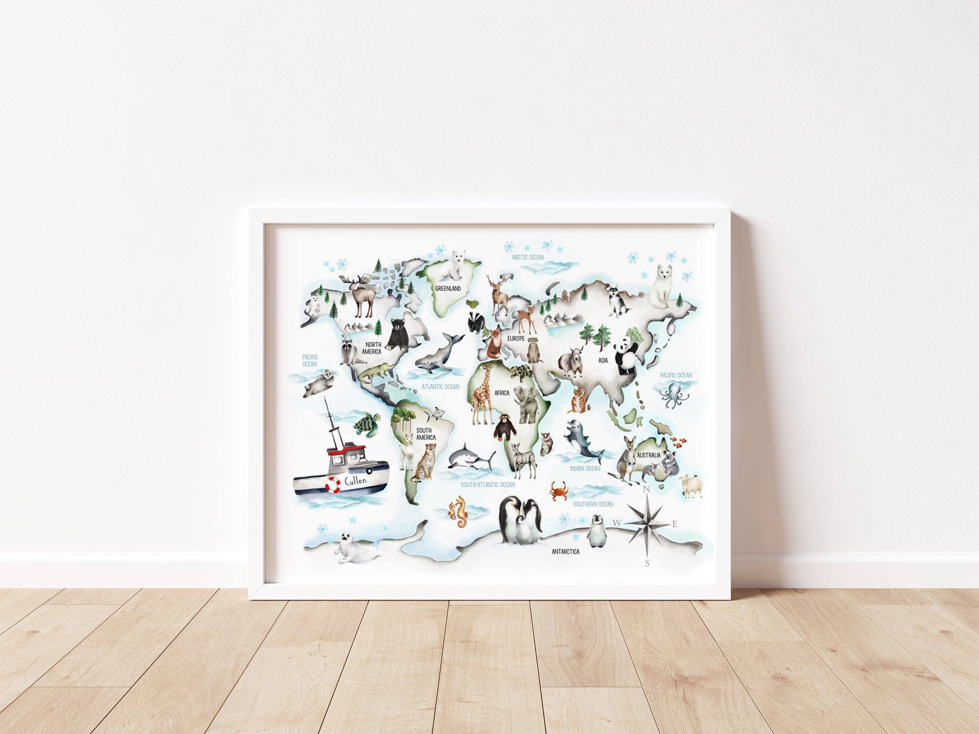 Animal World Map - Custom Name Print - Studio Q - Art by Nicky Quartermaine Scott