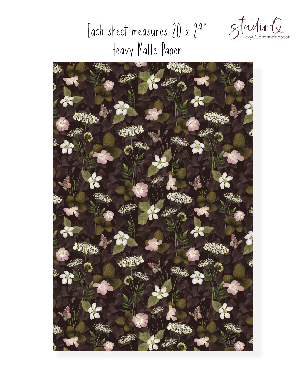 Bramble Floral Plum Wrapping Paper- Studio Q - Art by Nicky Quartermaine Scott
