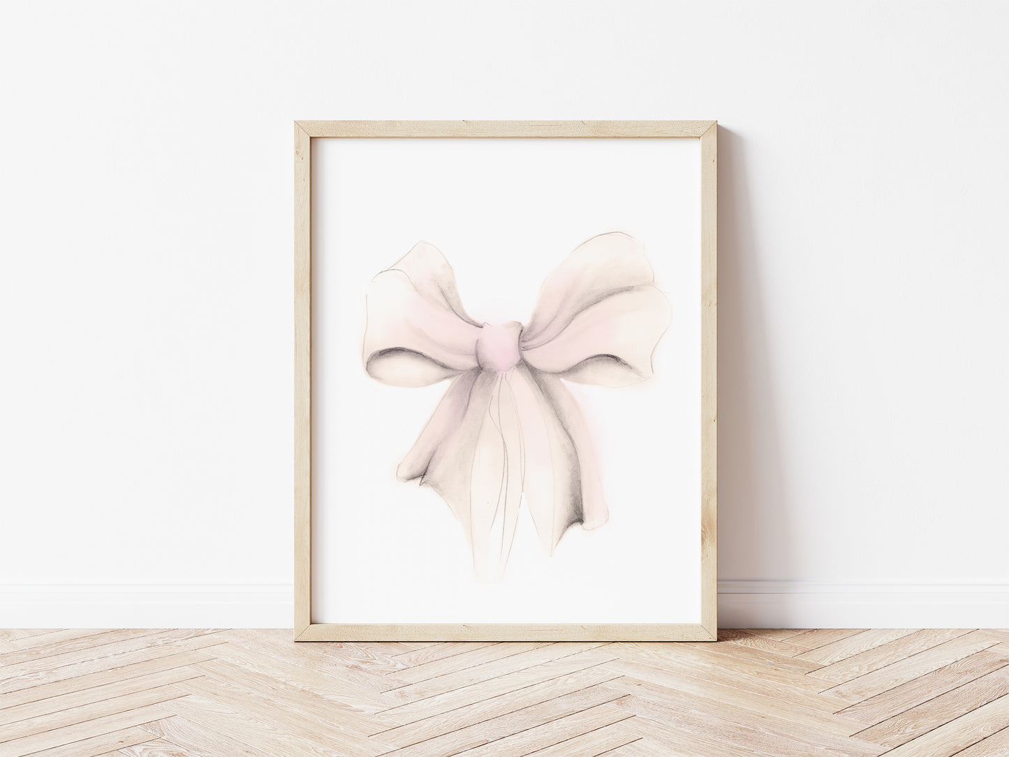 Sketch of a bow in tones of pink and sepia beige. The bow is on a plain white background and is framed in a wood frame that sits on a wood floor - Studio Q - Art by Nicky Quartermaine Scott