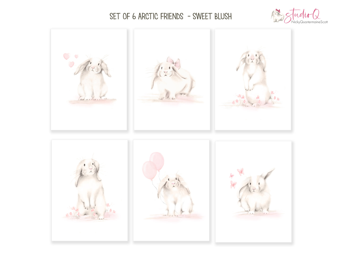 Blush Bunnies Nursery Art Prints - Set of 6 - Studio Q - Art by Nicky Quartermaine Scott