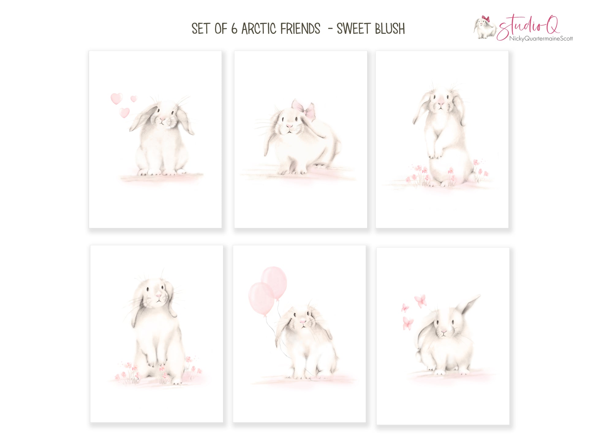 Blush Bunnies Nursery Art Prints - Set of 6 - Studio Q - Art by Nicky Quartermaine Scott