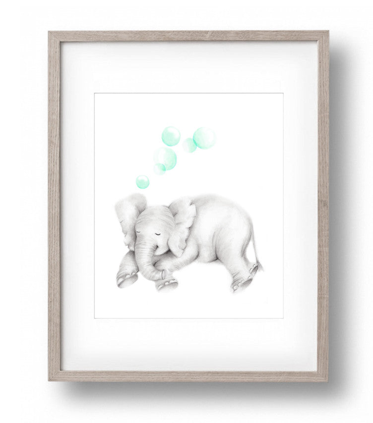 Sleepy Baby Elephant with Bubbles Print - Studio Q - Art by Nicky Quartermaine Scott