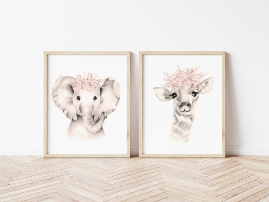Flower Crown Animals in Sweet Blush - Set of 2 - Studio Q - Art by Nicky Quartermaine Scott