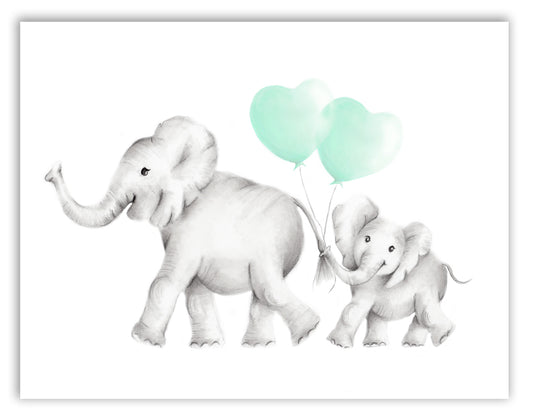Elephant Mama & Baby Heart Balloons Print - Studio Q - Art by Nicky Quartermaine Scott
