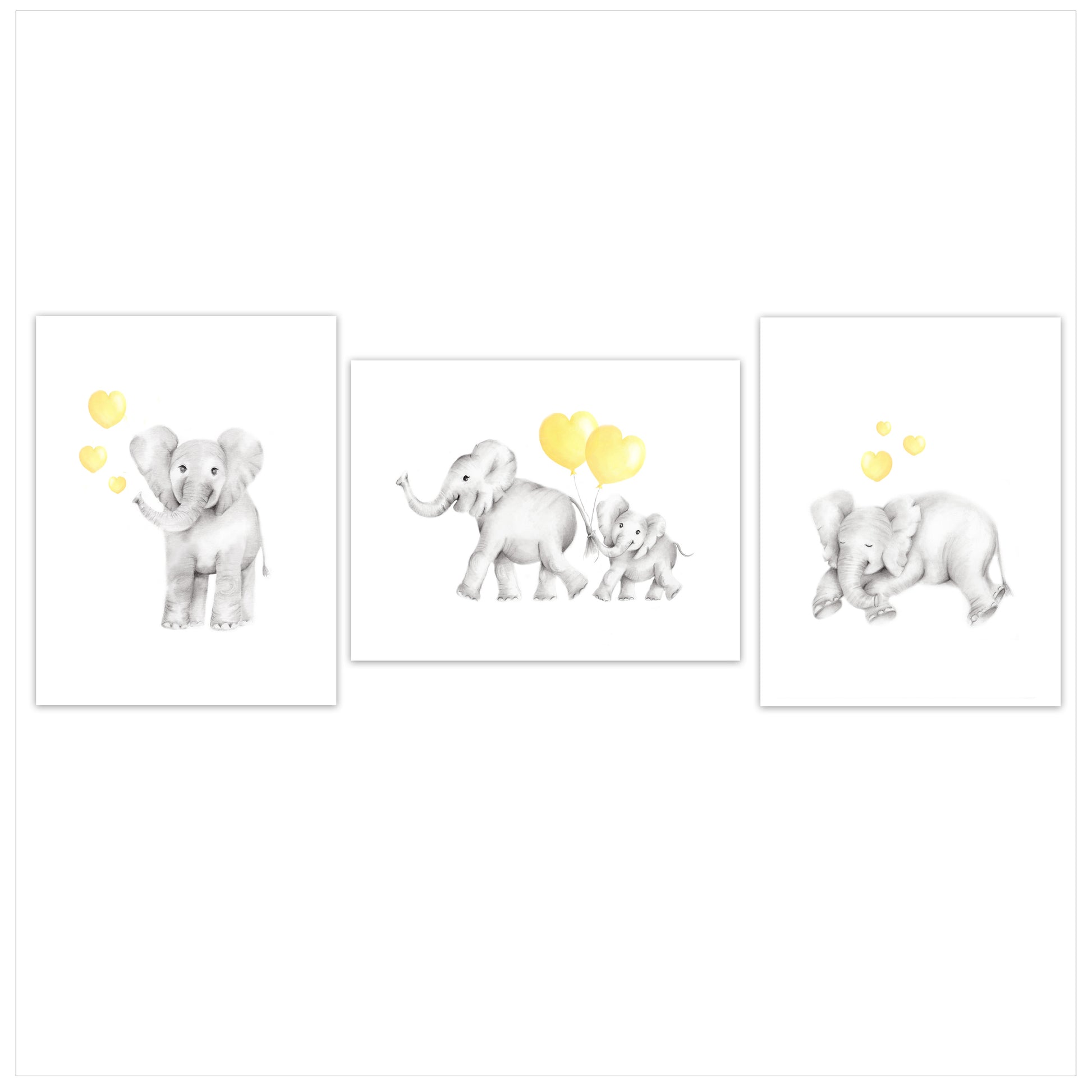 Elephants with Hearts Nursery Art Prints - Set of 3 - Studio Q - Art by Nicky Quartermaine Scott