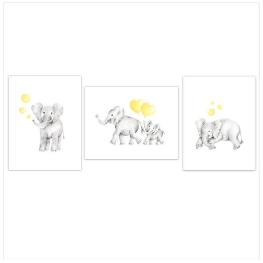 Elephants with Hearts Nursery Art Prints - Set of 3 - Studio Q - Art by Nicky Quartermaine Scott