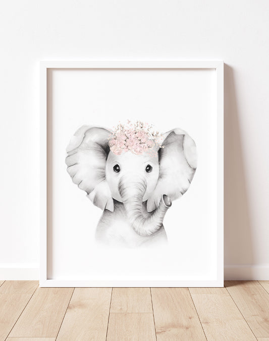 Elephant with Blush Flower Crown Print - Studio Q - Art by Nicky Quartermaine Scott