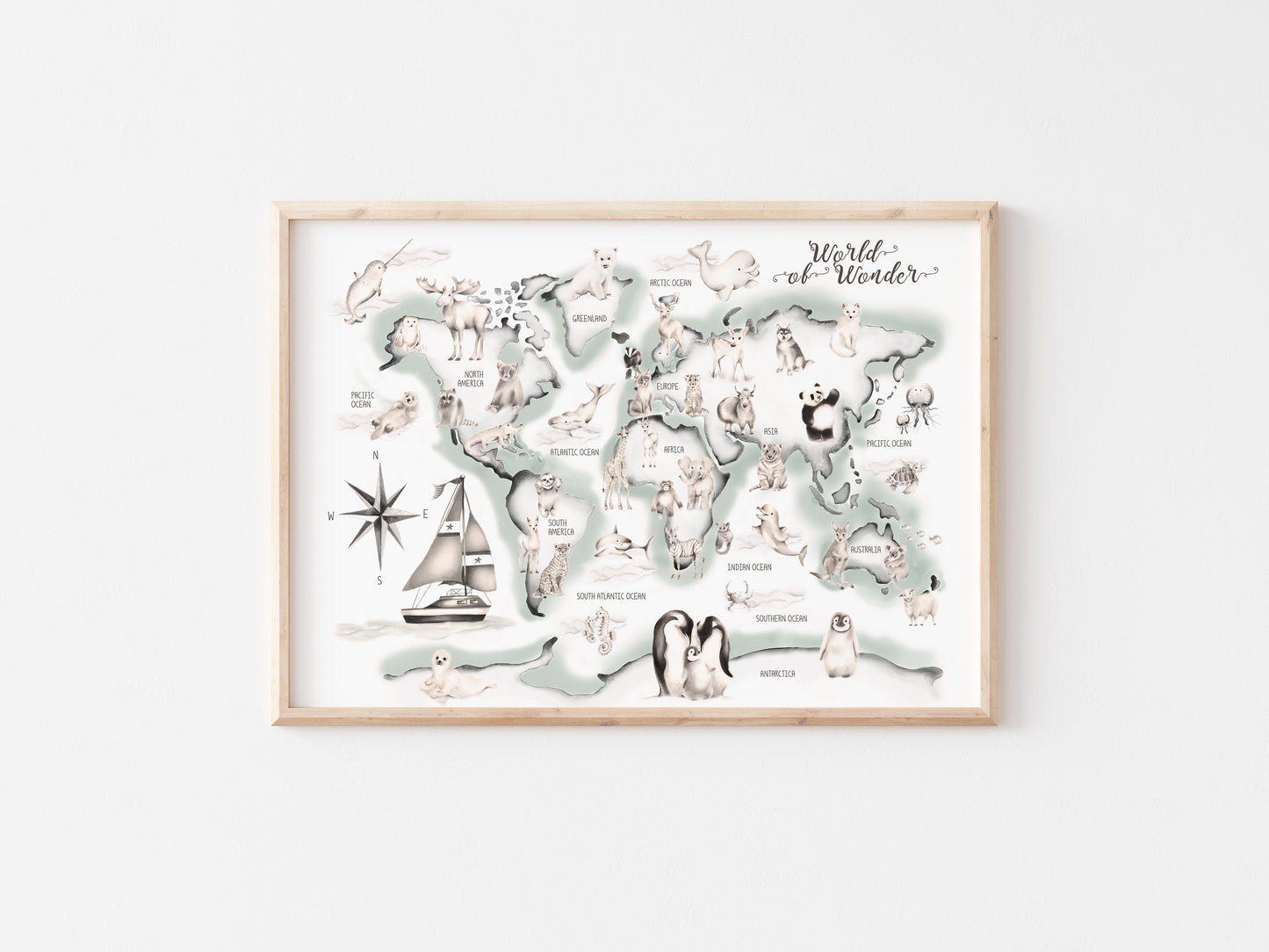 Green Animal World Map Print - Studio Q - Art by Nicky Quartermaine Scott