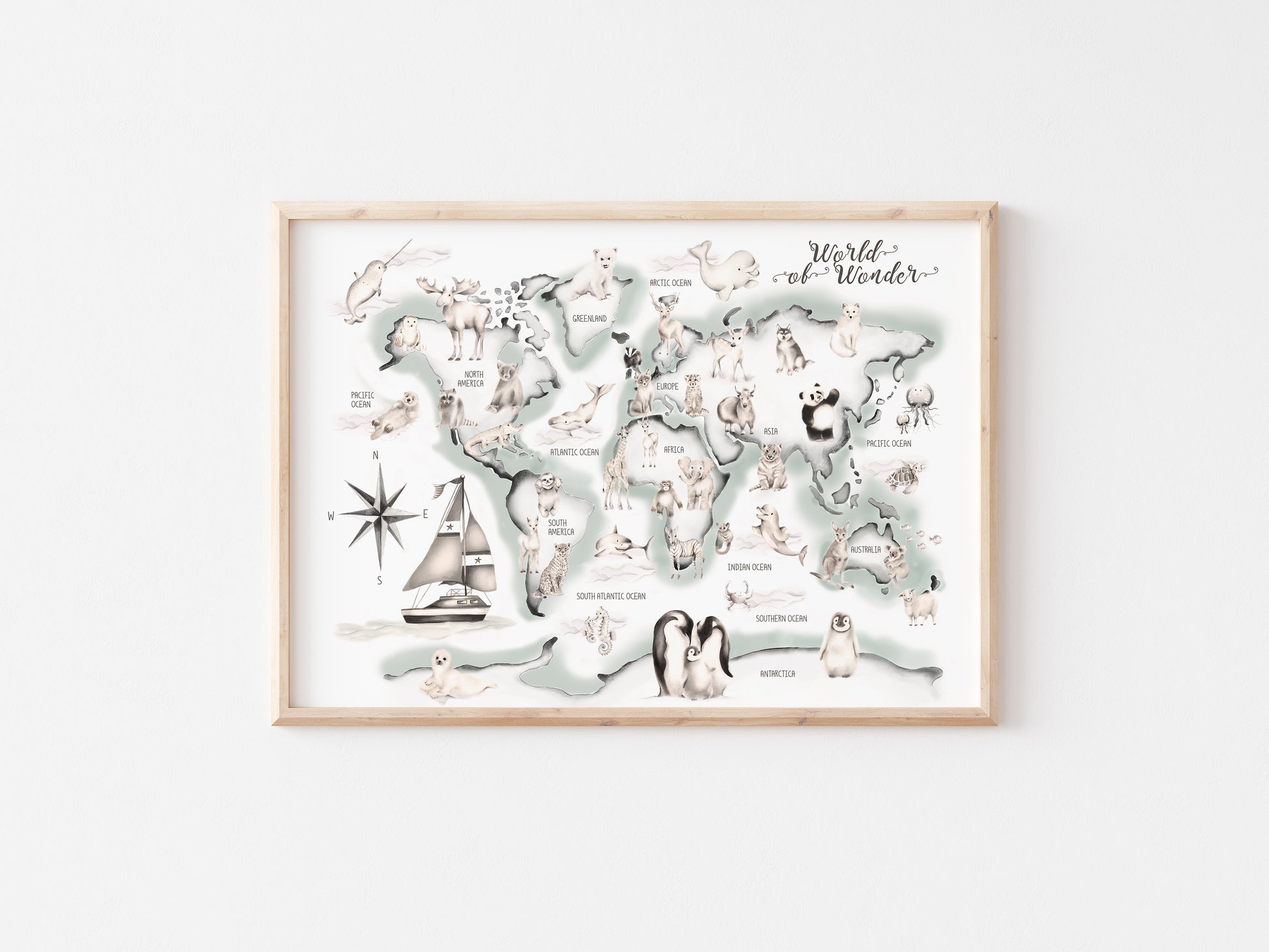 Green Animal World Map Print - Studio Q - Art by Nicky Quartermaine Scott
