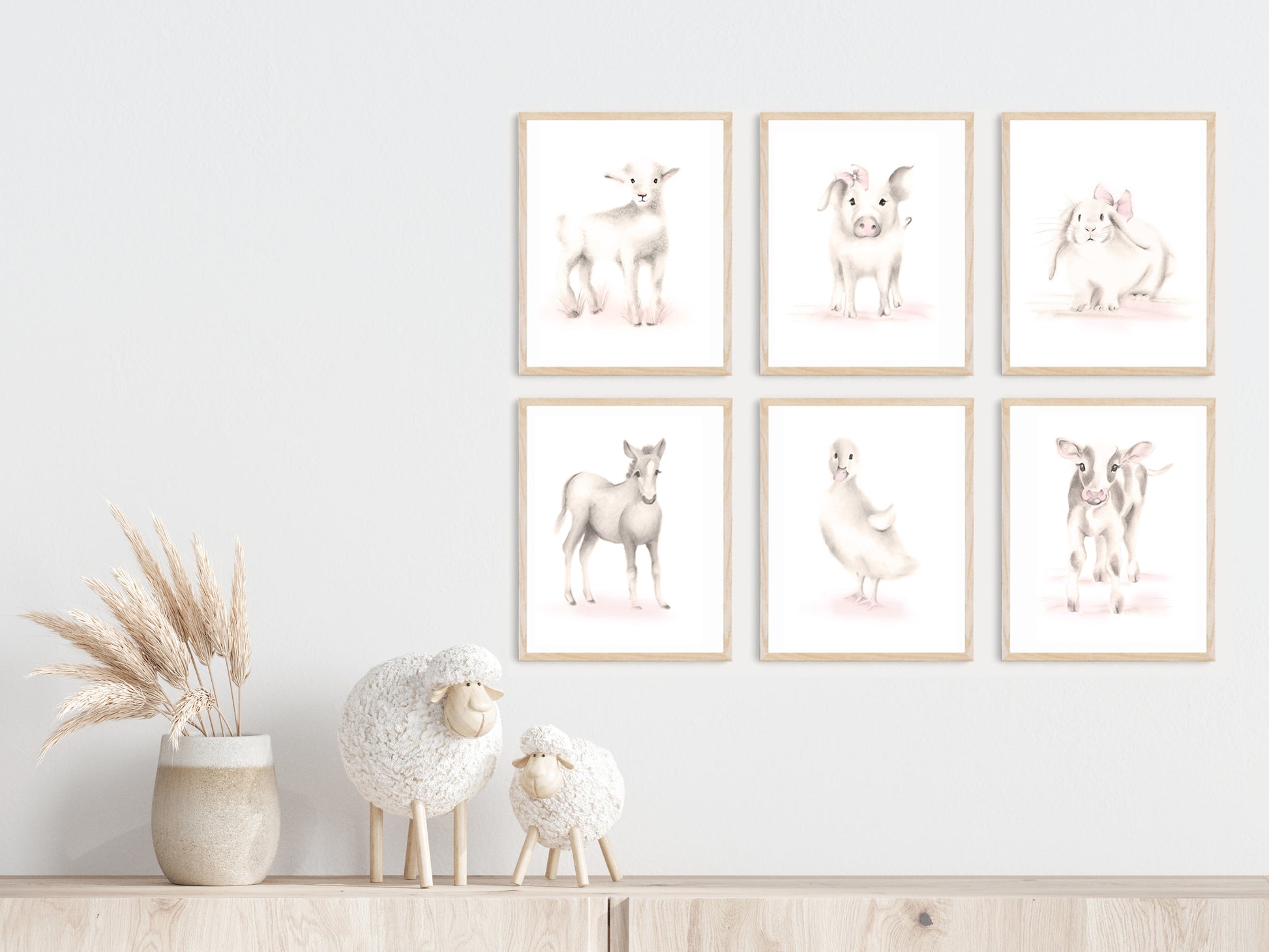 Set of 6 Baby farm animal prints in beiges and pink hanging on a wall in frames - Studio Q  - Art by Nicky Quartermaine Scott