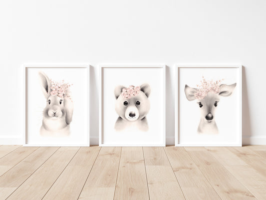 Baby Animal Nursery Art Prints - Set of 3 - Sweet Blush- Studio Q - Art by Nicky Quartermaine Scott