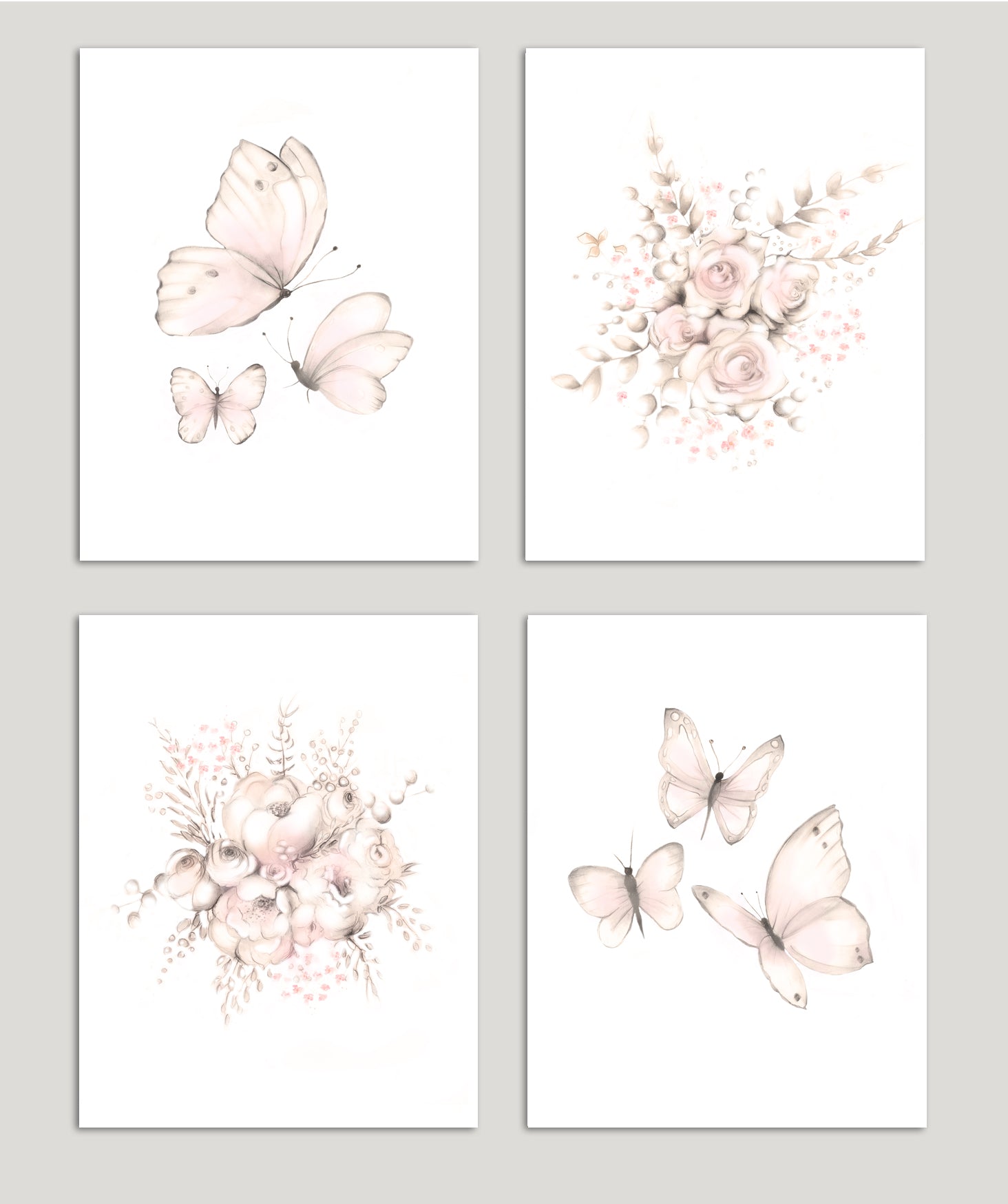 Flower and Butterfly Nursery Prints - Sweet Blush - Set of 4 - Studio Q - Art by Nicky Quartermaine Scott