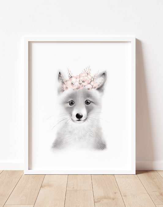 Baby Fox with Blush Flower Crown Print - Studio Q - Art by Nicky Quartermaine Scott