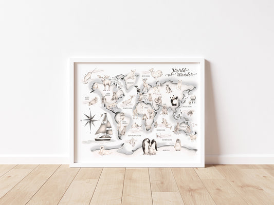 Grey Boat Animal World Map Print - Studio Q - Art by Nicky Quartermaine Scott