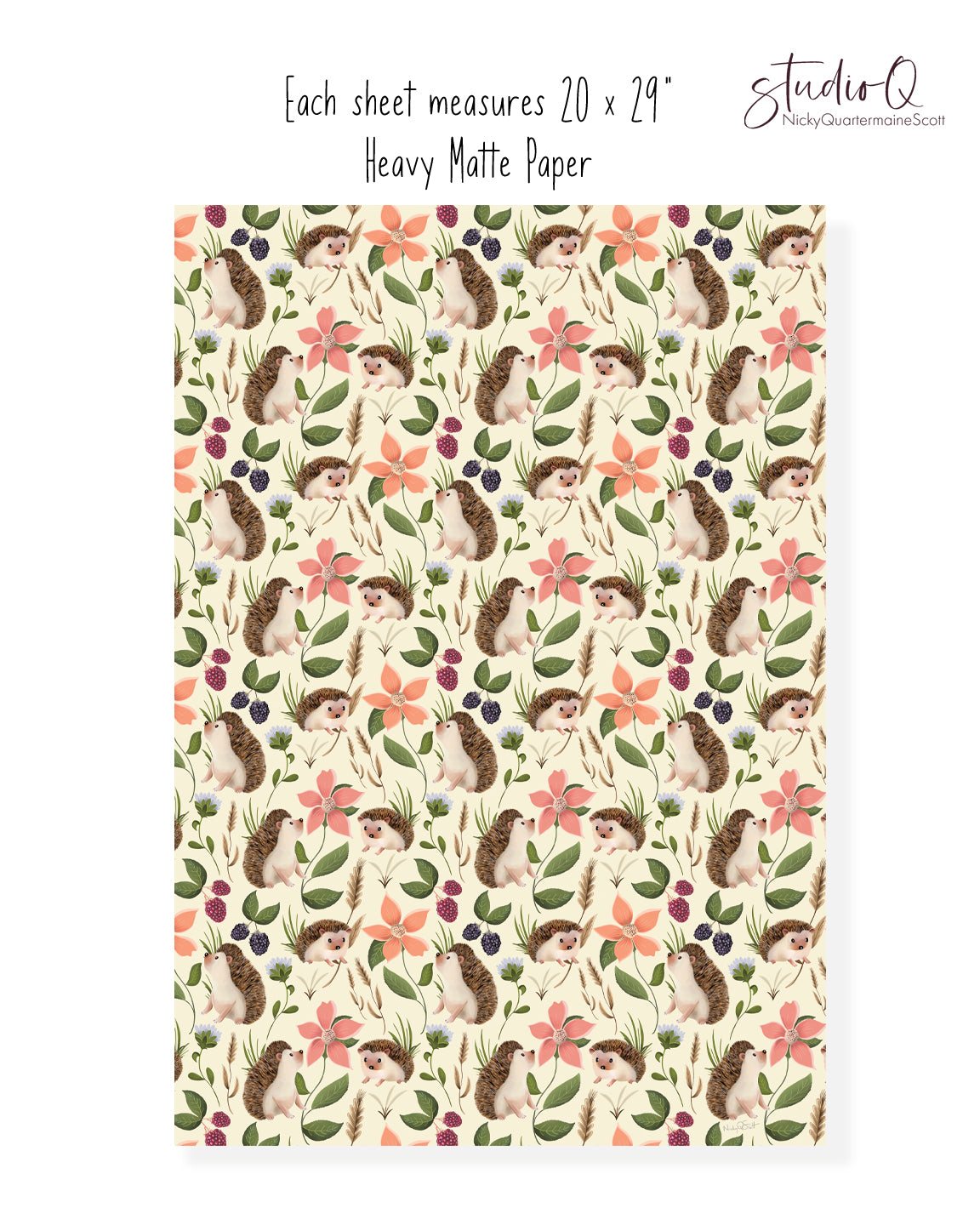 Hedgehog Floral Wrapping Paper in BUTTERCUP