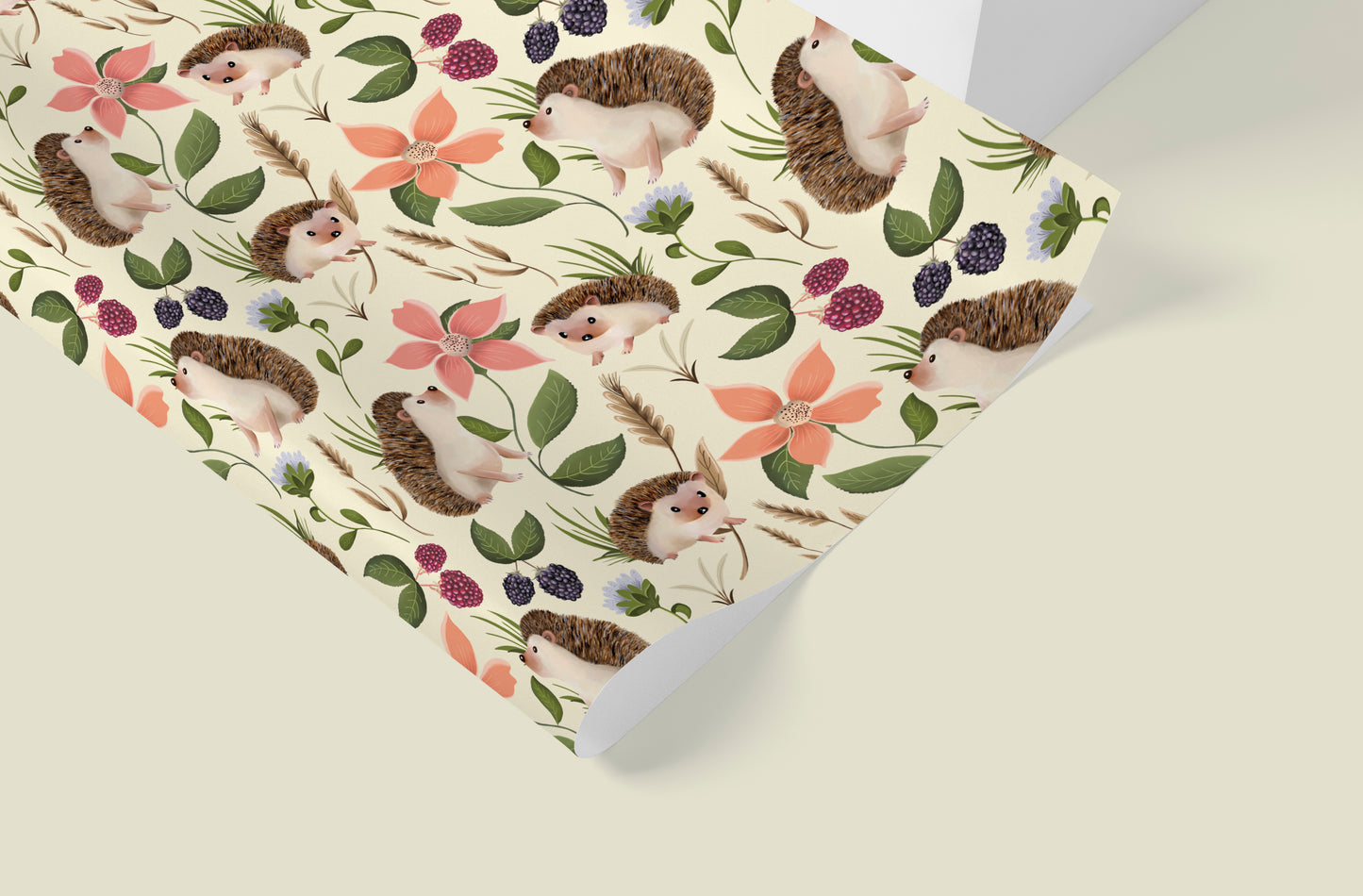 Hedgehog Floral Wrapping Paper in BUTTERCUP