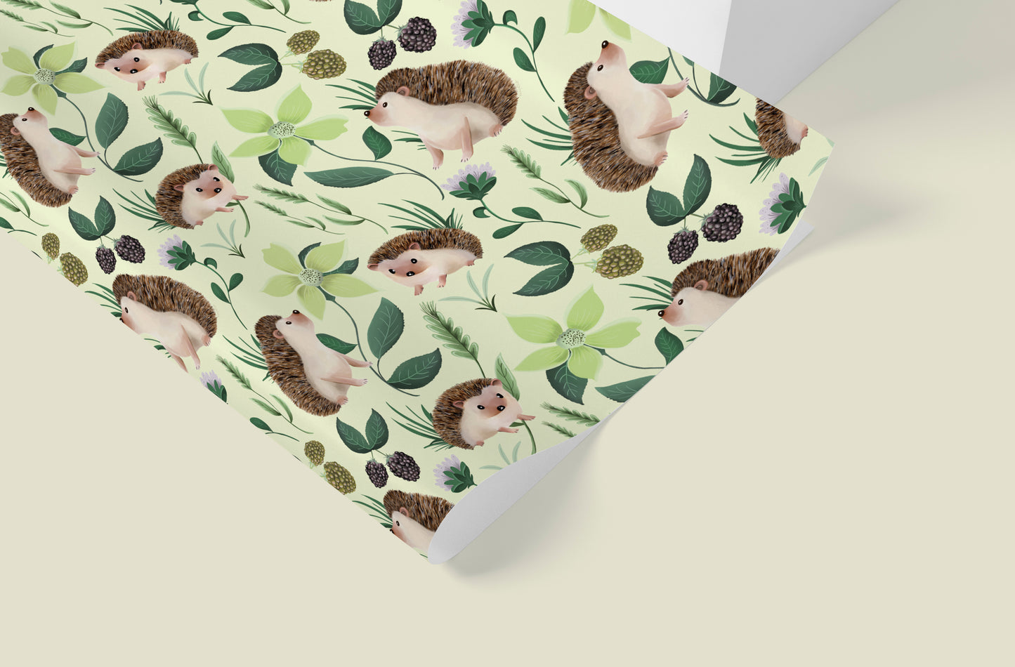 Hedgehog Floral Wrapping Paper in SAGE