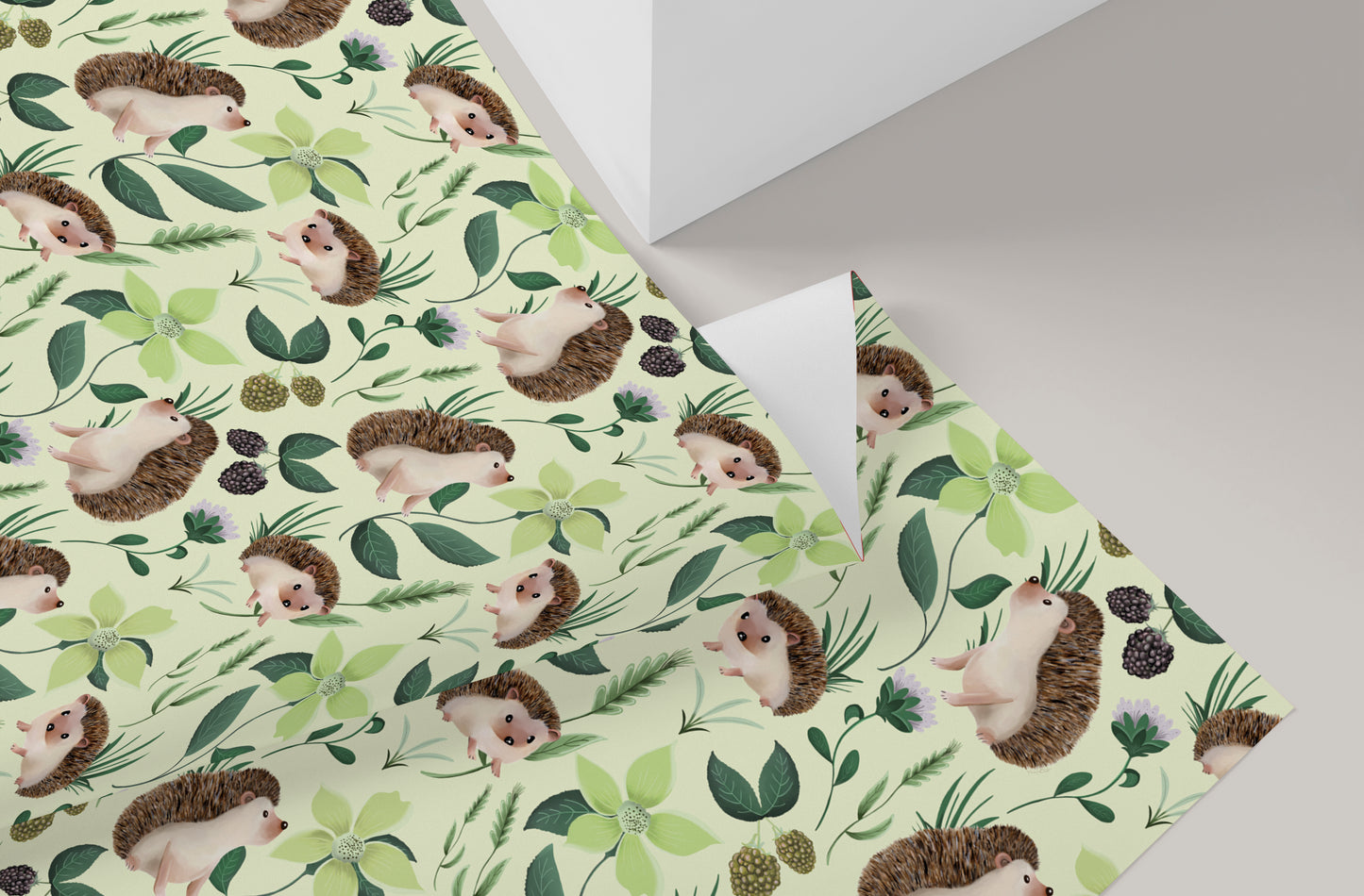 Hedgehog Floral Wrapping Paper in SAGE