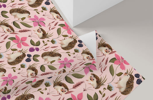 Hedgehog Floral Wrapping Paper in STRAWBERRY