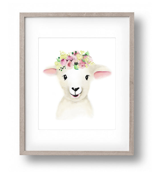 Lamb Pink Yellow Flower Crown Print - Studio Q - Art by Nicky Quartermaine Scott
