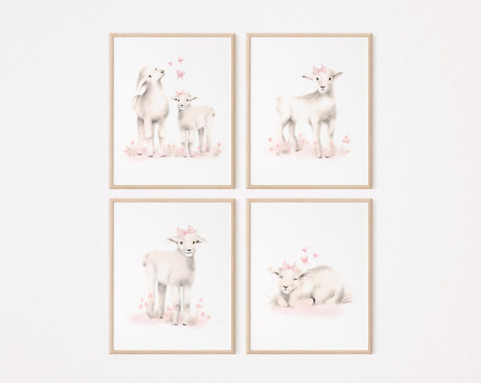 Set of 4 lamb prints from drawings in tones of sepia beige and blush pink. Lambs have pink flowers, bows and butterflies around them. The prints are on a white background and are framed in light wood frames.  The set hangs against a plain light pink background - Studio Q - Art by Nicky Quartermaine Scott