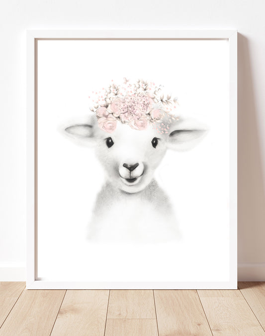 Lamb with Blush Flower Crown Print - Studio Q - Art by Nicky Quartermaine Scott