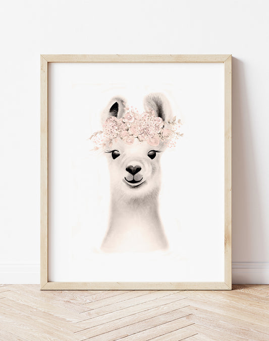 Llama Flower Crown Print in Sweet Blush - Studio Q - Art by Nicky Quartermaine Scott