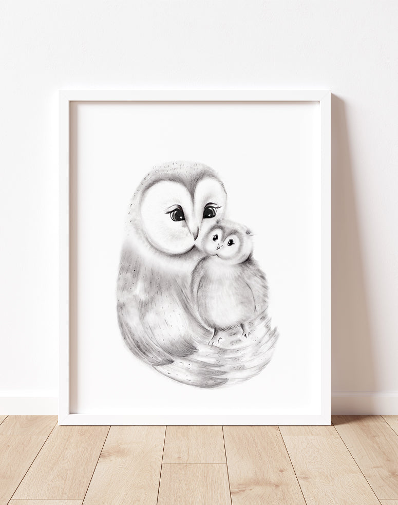 Mama and Baby Owl Sketched Nursery Art Print- Studio Q - Art by Nicky Quartermaine Scott