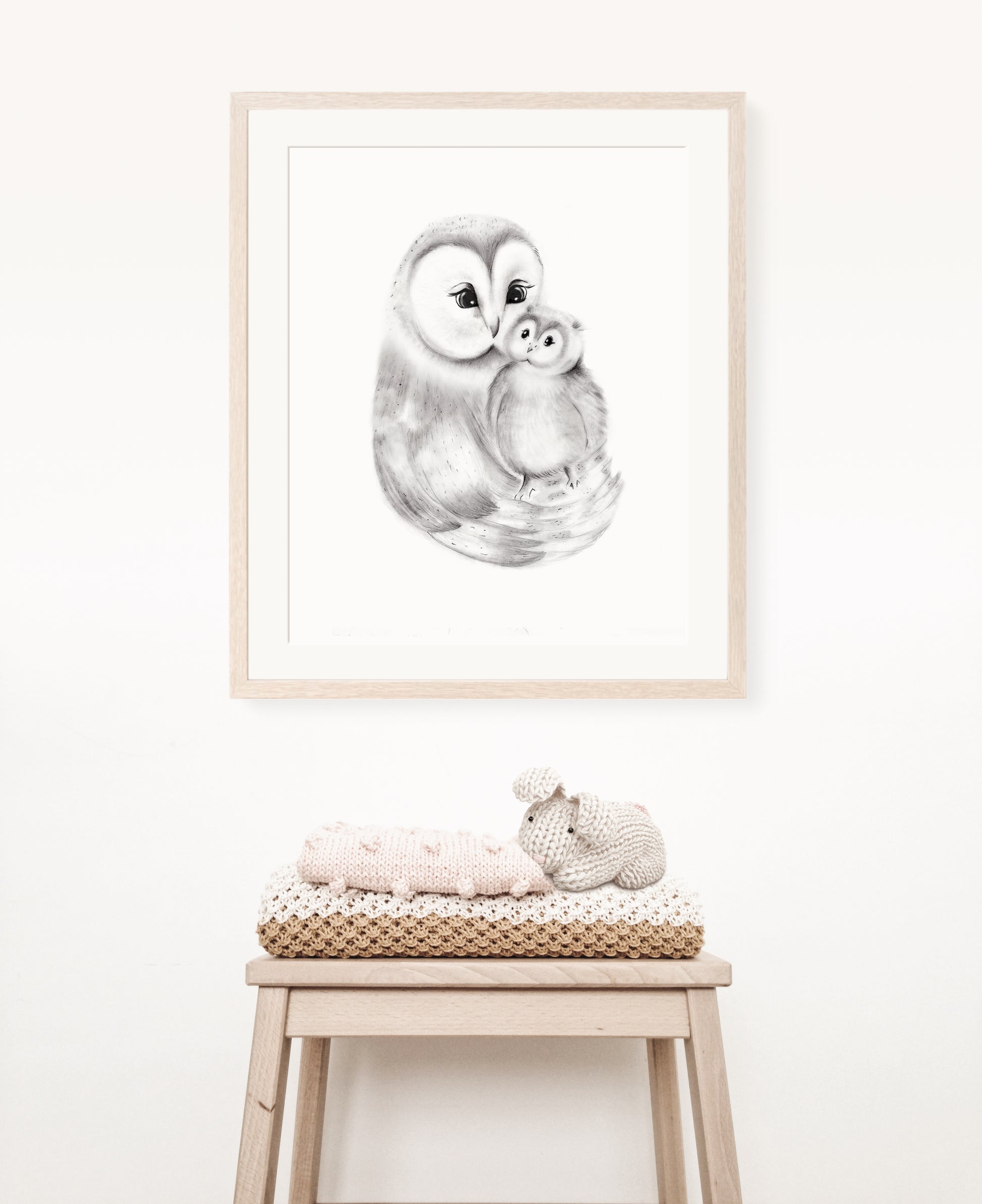 Mama and Baby Owl Sketched Nursery Art Print- Studio Q - Art by Nicky Quartermaine Scott