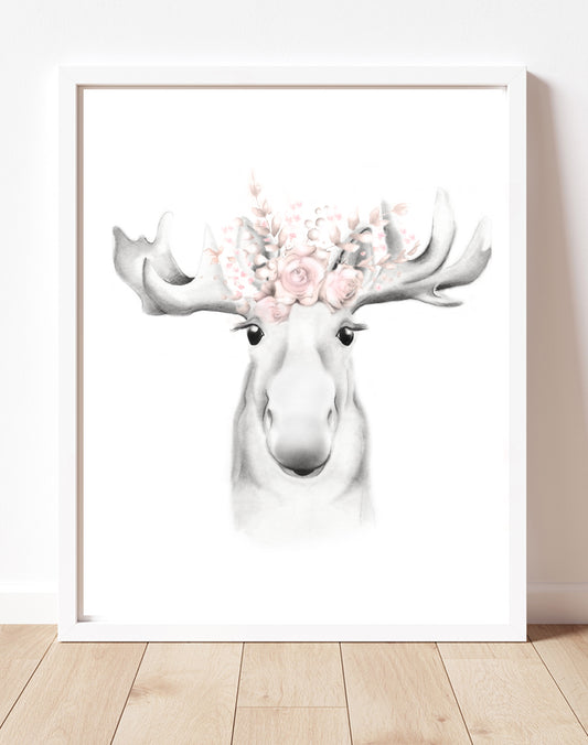 Moose with Blush Flower Crown Print - Studio Q - Art by Nicky Quartermaine Scott