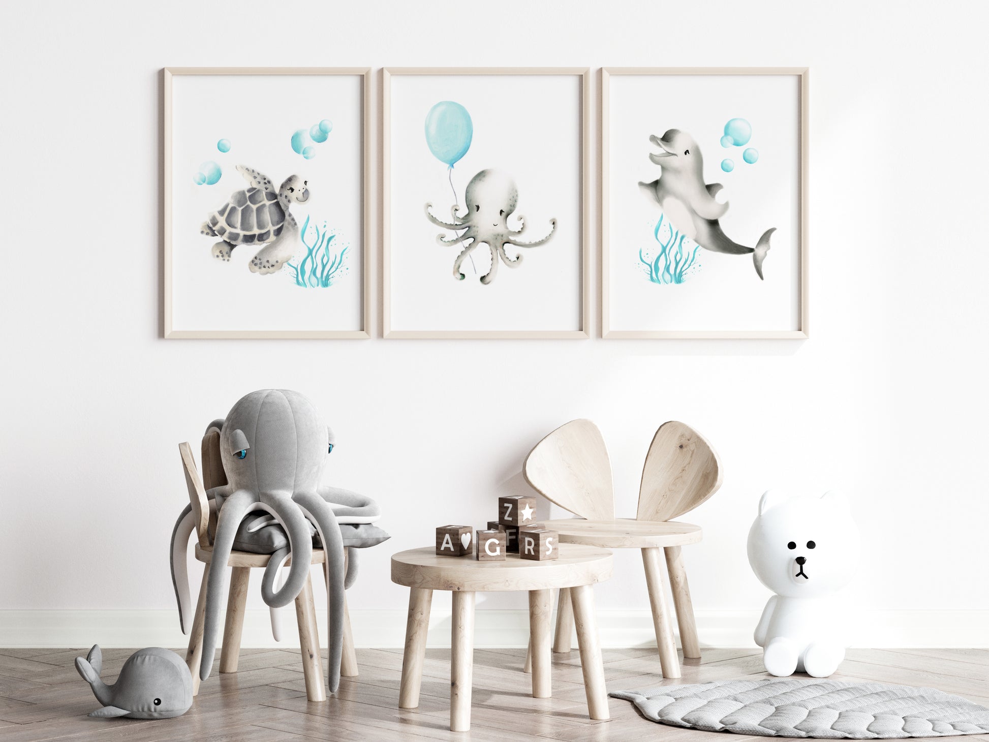 Sea Animals with Balloon Nursery Art Prints - Set of 3- Studio Q - Art by Nicky Quartermaine Scott