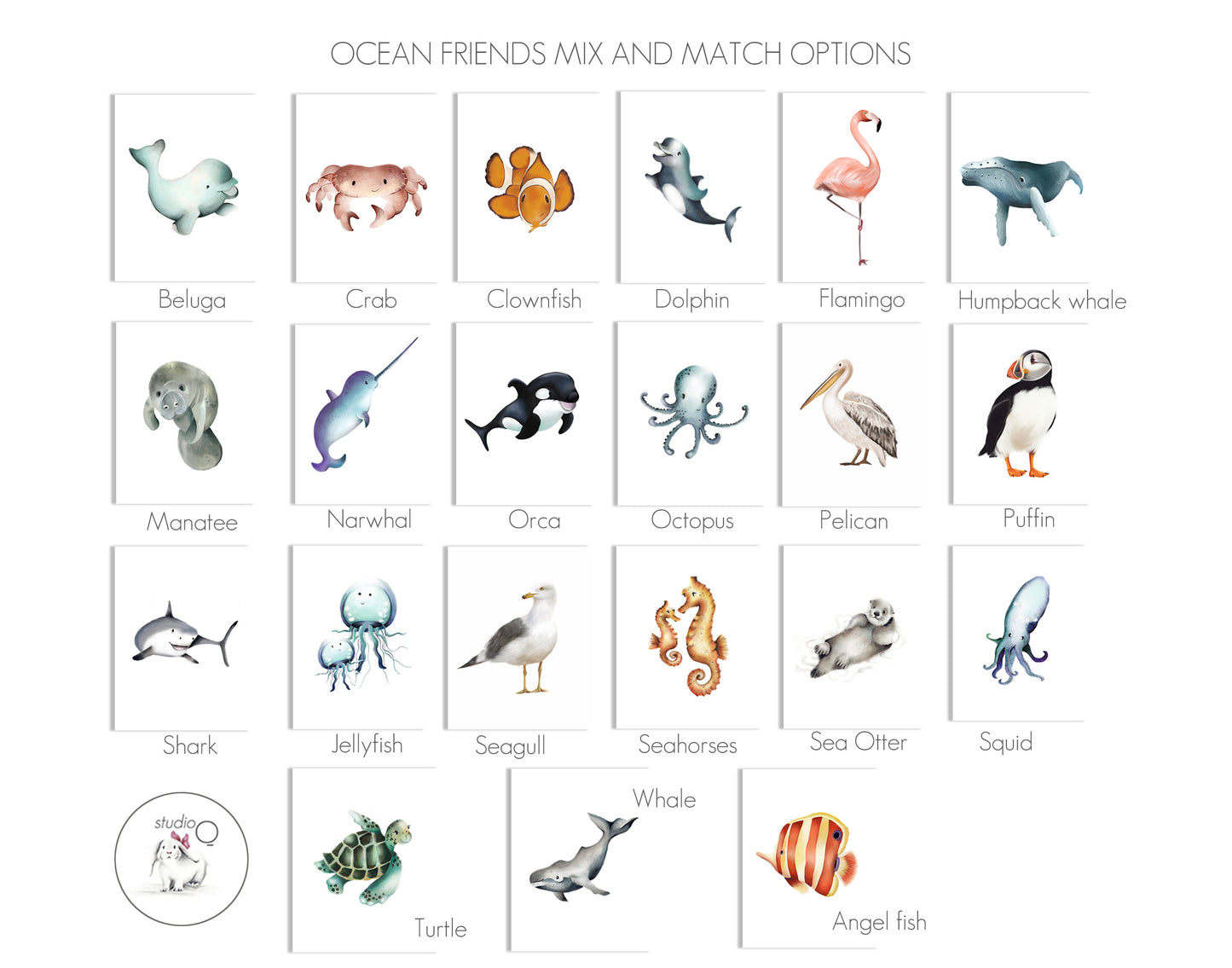 Ocean Animal Nursery Prints - Set of 4 - Studio Q - Art by Nicky Quartermaine Scott