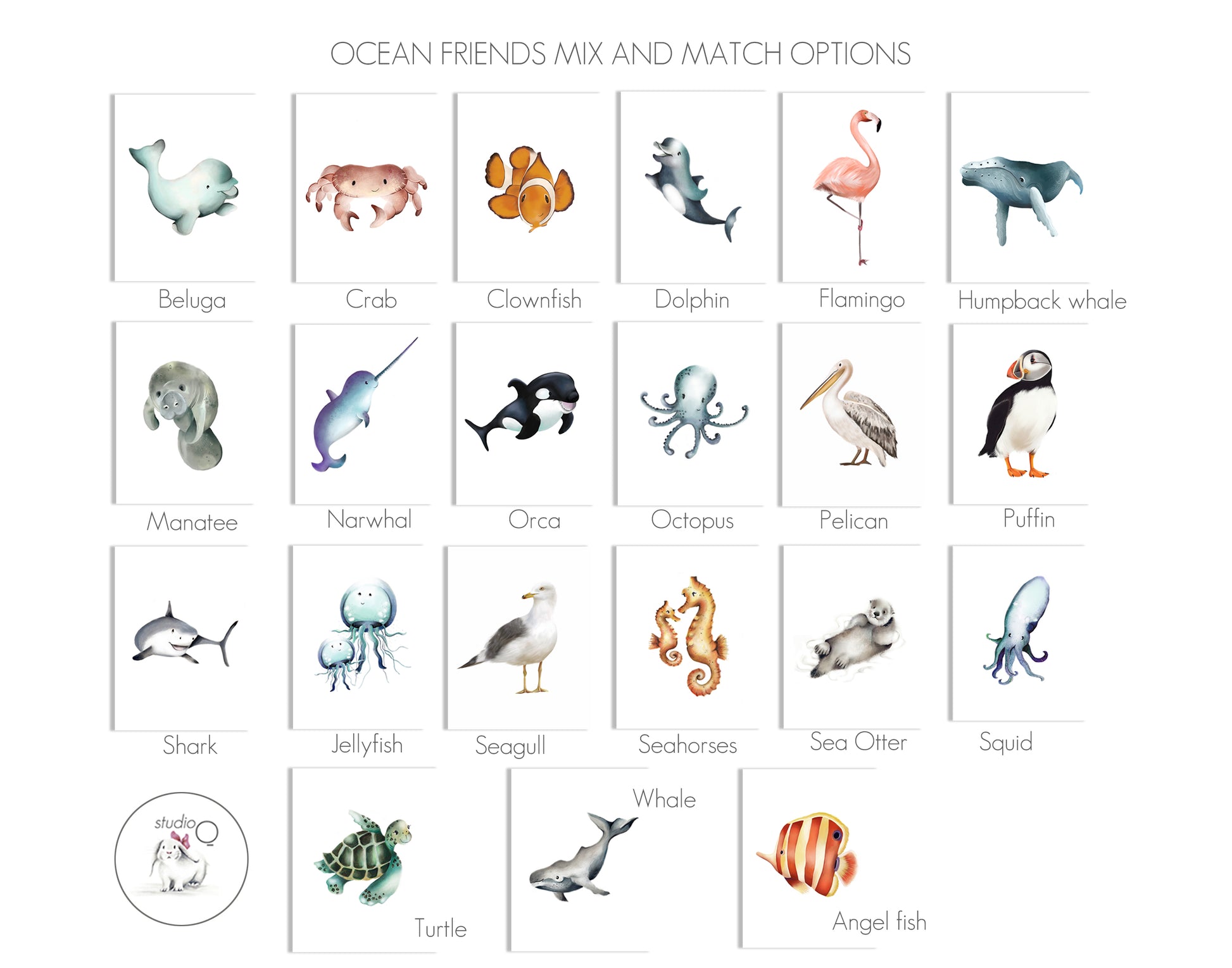 Ocean Animal Nursery Prints - Set of 4 - Studio Q - Art by Nicky Quartermaine Scott
