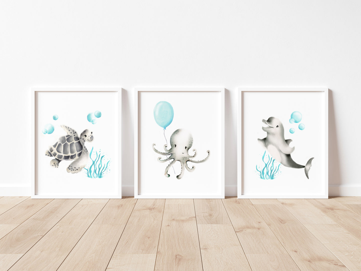 Sea Animals with Balloon Nursery Art Prints - Set of 3- Studio Q - Art by Nicky Quartermaine Scott