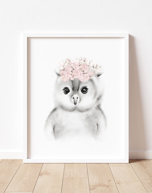 Baby Owl Blush Flower Crown Print- Studio Q - Art by Nicky Quartermaine Scott