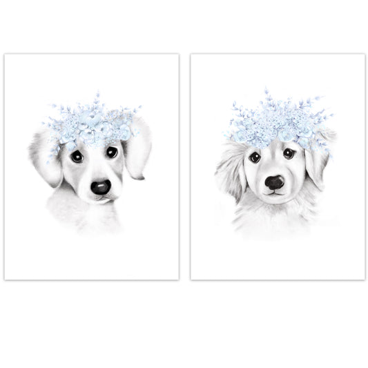 Puppies with Flower Crown Prints - Set of 2 - Studio Q - Art by Nicky Quartermaine Scott