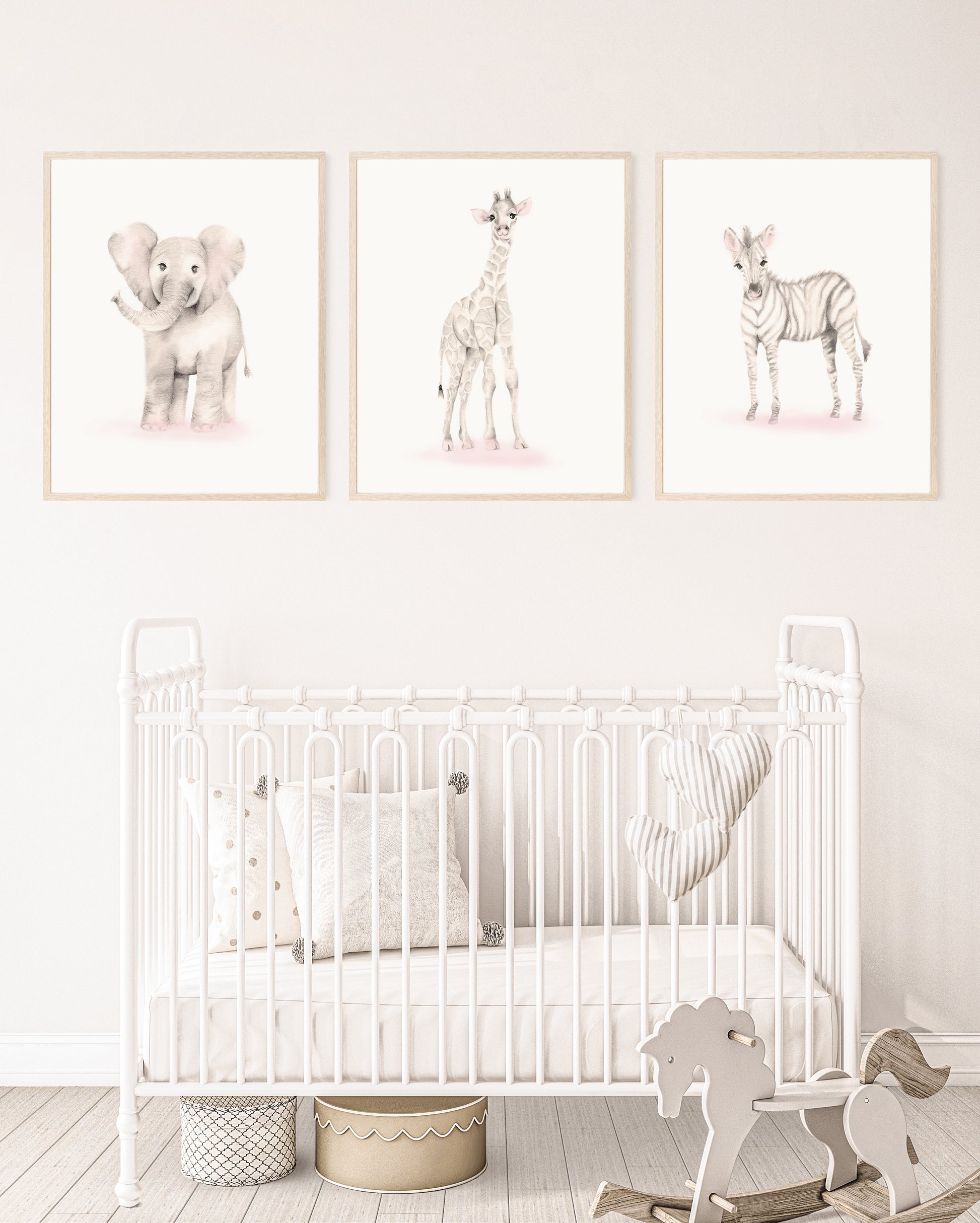 Set of 3 Safari animal pencil sketch prints in shades of beige and pink. The set includes a baby elephant, giraffe and zebra - Studio Q - Art by Nicky Quartermaine Scott
