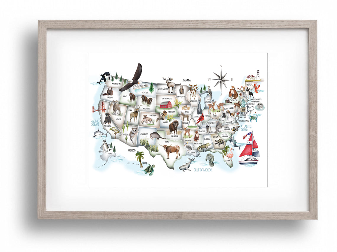 USA Animal Map for Kids - Custom Name Print - Studio Q - Art by Nicky Quartermaine Scott