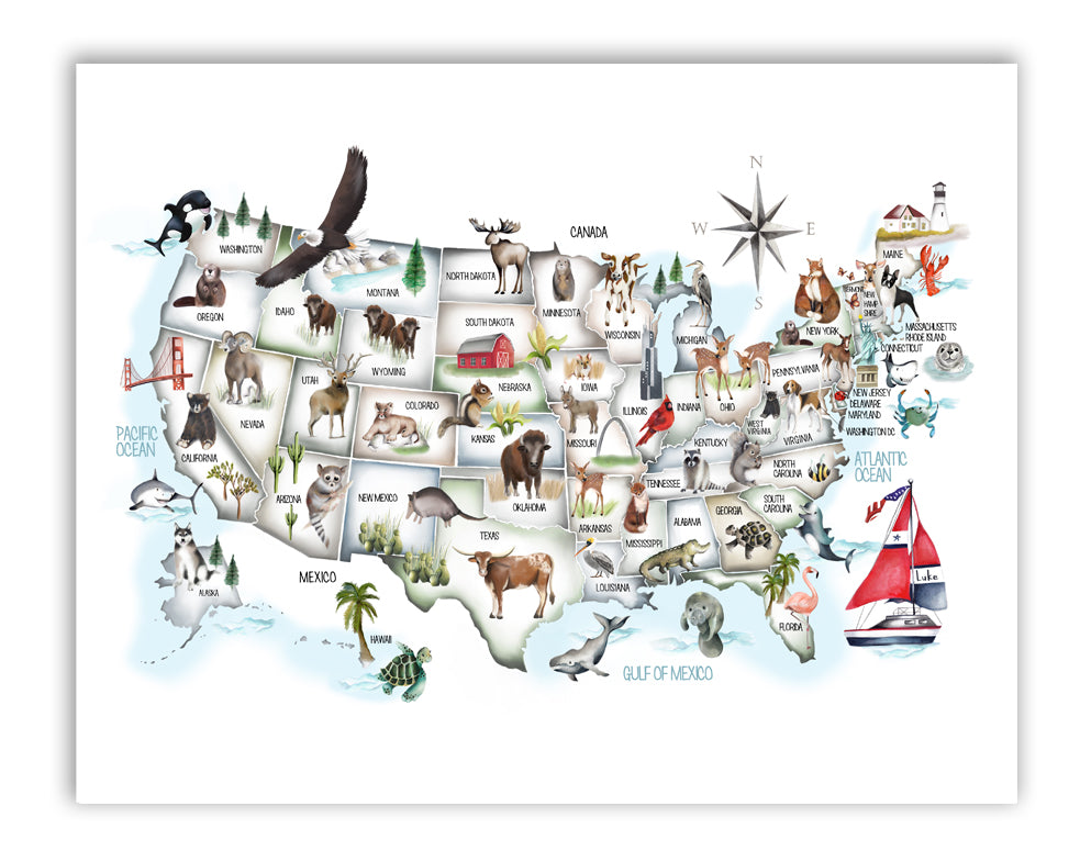 USA Animal Map for Kids - Custom Name Print - Studio Q - Art by Nicky Quartermaine Scott