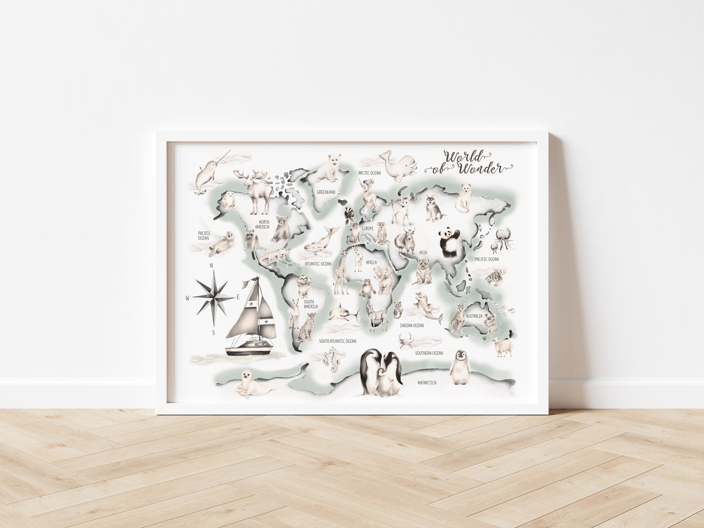 Green Animal World Map Print - Studio Q - Art by Nicky Quartermaine Scott